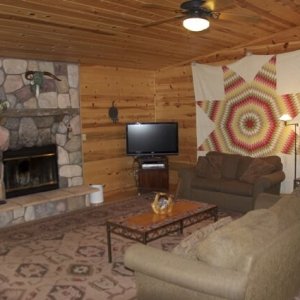 River rock wood-burning fireplace